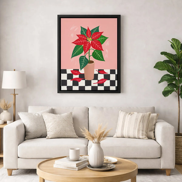 Modern Christmas Botanical Canvas, Pink Poinsettia Wall Art, Festive Checkerboard Poinsettia Print, Holiday Poinsettia Poster
