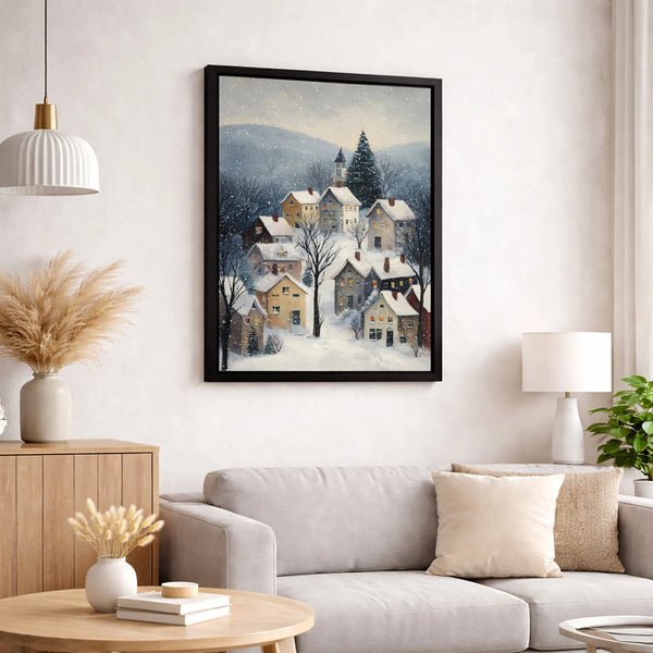 Snowy Mountain Village Print, Winter Village Canvas Wall Art, Christmas Town Landscape Art, Comfy Winter Village Digital Down