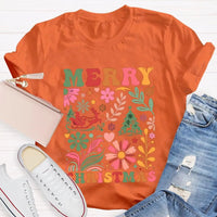 Colorful Flowers Holiday Trees Tee, Christmas Floral Tree Shirt, Botanical Xmas Graphic T-Shirt, Festive Winter Holiday Apparel