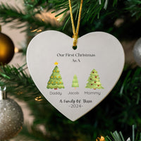 First Christmas as a Family Ceramic Ornament, Family of Three Heart Ornament, New Parents Holiday Keepsake Ornament, Custom 2024 Present