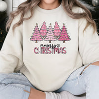 Merry Christmas Graphic Crewneck, Pink Leopard Christmas Tree Sweatshirt, Preppy Holiday Tree Pullover, Adorable Xmas Sweater