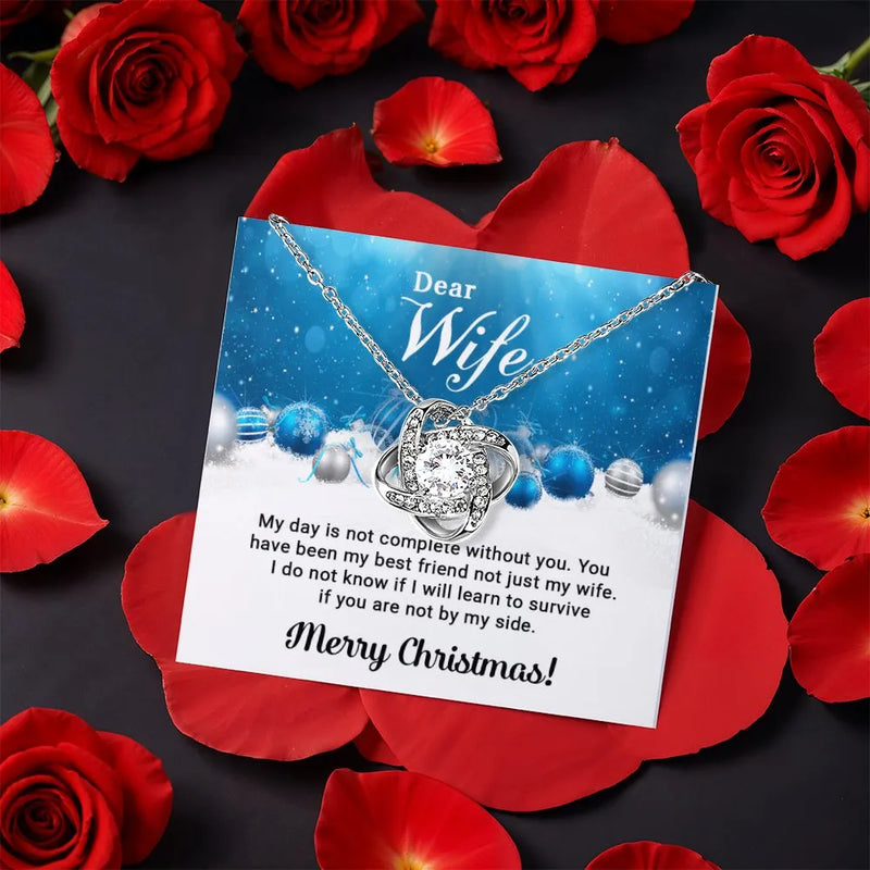 Christmas Present Crystal Pendant Necklace, Wife Love Knot Necklace, Rotating Rose Jewelry Box, Gold Finish Love Knot Necklace, Holiday Present