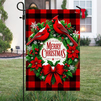 Merry Christmas Buffalo Plaid Wreath Yard Flag, Christmas Cardinal Garden Flag, Double-Sided Winter Bird Lawn Flag, Holiday Home Decor