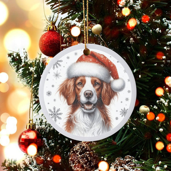 Dog in Santa Hat Ceramic Keepsake, Brittany Spaniel Christmas Ornament, Dog Portrait Tree Decor, Personalized Holiday Present