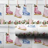 Fireplace Mantel Gift Wrap, Ice Skate Christmas Wrapping Paper, Watercolor Winter Skater Wrapping Paper, Holiday Gift Wrap Roll