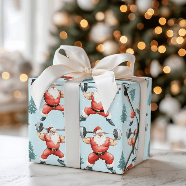 Muscular Weightlifting Santa Gift Wrap, Buff Santa Wrapping Paper, Humorous Gym Christmas Present Paper, Fitness Holiday Gift