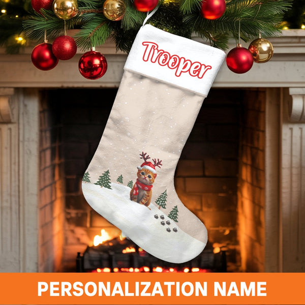 Adorable Kitten Holiday Stocking, Reindeer Hat Cat Christmas Stocking, Custom Velboa Pet Stocking, Fireplace Mantle Decor, Ca