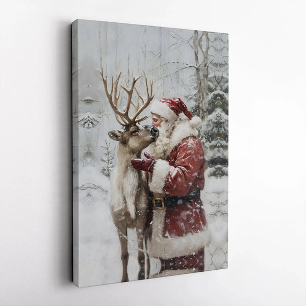 Snowy Winter Forest Canvas Print, Santa and Reindeer Canvas Wall Art, Festive Christmas Canvas Decor, Holiday Wall Art Canvas