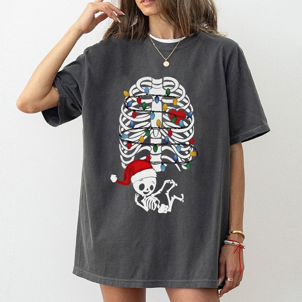 Skeleton Baby Holiday Lights Tee, Christmas Pregnancy T-Shirt, Humorous Maternity Xmas Shirt, Adorable Pregnancy Announcement