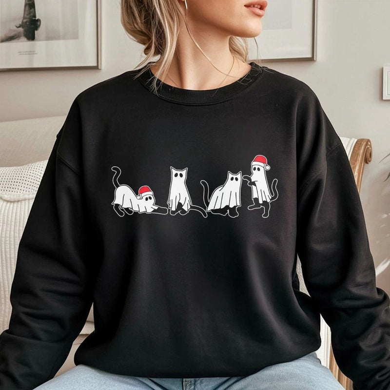 Spooky Kitten Santa Hat Sweater, Christmas Cat Ghost Sweatshirt, Adorable Creepmas Cat Ghost Crewneck, Humorous Ghost Cat Sweatshirt, Holiday Present