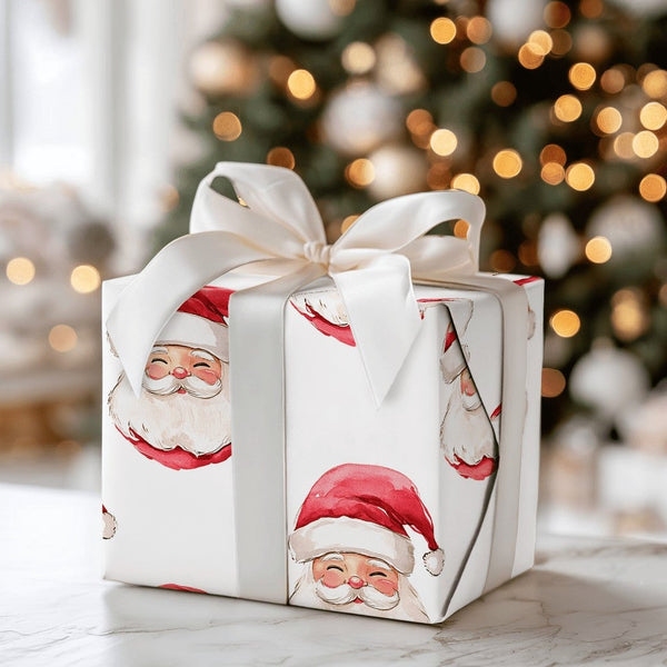 Adorable Smiling Santa Gift Wrap, Watercolor Santa Claus Wrapping Paper, Traditional Christmas Wrapping Paper, Festive Holida