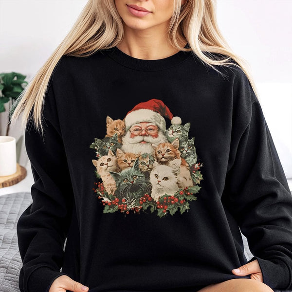 Retro Cat Lover Holiday Sweater, Santa Claus and Kittens Christmas Sweatshirt, Festive Cat Christmas Crewneck, Xmas Pullover 