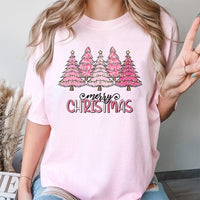 Pink Leopard Print Tree Graphic Tee, Merry Christmas T-Shirt, Adorable Holiday Season T-Shirt, Retro Womens Xmas Shirt, Family Holiday Present