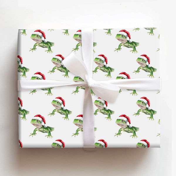 Santa Hat Lizard Gift Wrap, Iguana Christmas Wrapping Paper, Watercolor Reptile Wrapping Paper, Humorous Animal Holiday Wrapp