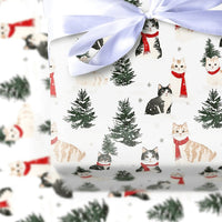 Comfy Winter Scarf Kitten Gift Wrap, Christmas Cat Wrapping Paper, Festive Pine Tree Wrapping Paper, Adorable Holiday Cat Lover Gift Wrap