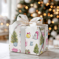 Potted Evergreen Holiday Gift Wrap, Watercolor Christmas Tree Wrapping Paper, Holly Present Paper, Retro Pastel Holiday Wrapping Paper Roll