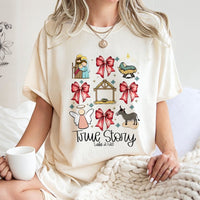 True Story Luke 2 1-20 Nativity Shirt, Nativity Scene Christmas T-Shirt, Christian Holiday Coquette Bow Tee, Religious Nativity Graphic Tee