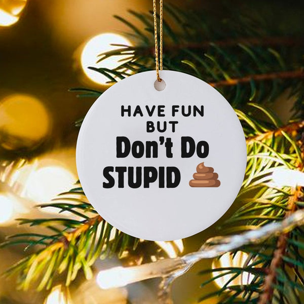 Humorous Poop Emoji Christmas Ornament, Have Fun but Don't Do Stupid Ornament, Sarcastic Ceramic Tree Ornament, Holiday Gag P