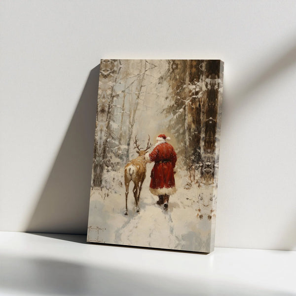 Snowy Forest Reindeer Canvas Print, Vintage Santa Claus Canvas Wall Art, Christmas Holiday Wall Decor, Vintage Santa Canvas A