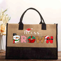 Custom Name Holiday Present Tote Bag, Personalized Teacher Christmas Cotton Tote Bag, Festive Canvas Shoulder Shopper