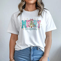 Coquette Aesthetic Pink Tree Shirt, Merry Christmas T-Shirt, Checkered Holiday Bow Tee, Adorable Festive Xmas Graphic T-Shirt for Her