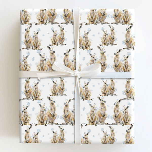 Joey Snowflakes Gift Wrap, Watercolor Kangaroo Christmas Wrapping Paper, Australian Animal Holiday Paper, Adorable Winter Hol