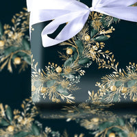 Elegant Gold Green Gift Wrap Roll, Botanical Wreath Christmas Wrapping Paper, Winter Holiday Present Paper, Dark Floral Gift Wrap