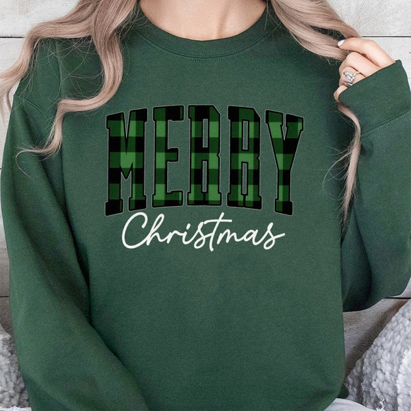 Green Buffalo Plaid Lettering Crewneck, Merry Christmas Sweatshirt, Comfy Winter Holiday Sweater, Christmas Vibes Pullover