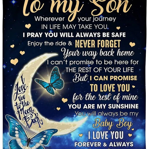 Moon and Butterfly Throw Blanket, Message to My Son Blanket, Sentimental Mother Love Fleece Blanket, Son Christmas Birthday P