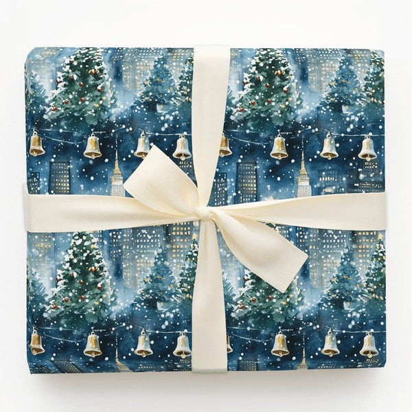 Snowy NYC Skyline Holiday Gift Wrap, New York City Christmas Wrapping Paper, Watercolor Cityscape Present Paper, Winter City 