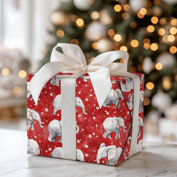 Red Snowy Holiday Gift Wrap, Watercolor Elephant Christmas Wrapping Paper, Adorable Winter Animal Wrapping Paper, Festive Hol