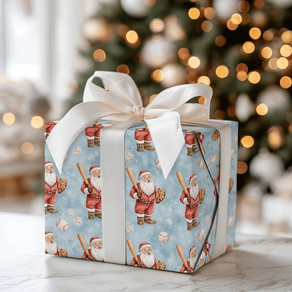 Sports Santa Claus Gift Wrap, Baseball Santa Christmas Wrapping Paper, Blue Baseball Wrapping Paper, Holiday Fan Present Wrap