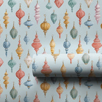 Powder Blue Christmas Gift Wrap, Vintage Ornament Wrapping Paper, Watercolor Holiday Wrapping Paper, Antique Ornament Gift Wrap Paper Roll