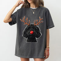 Reindeer Antlers Doodle Dog Holiday Graphic Tee, Goldendoodle Christmas T-Shirt, Adorable Puppy Xmas Shirt, Dog Lover Holiday Present