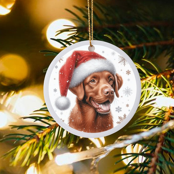 Santa Hat Dog Tree Ornament, Chocolate Labrador Christmas Ornament, Ceramic Holiday Pet Ornament, Chocolate Lab Keepsake, Dog