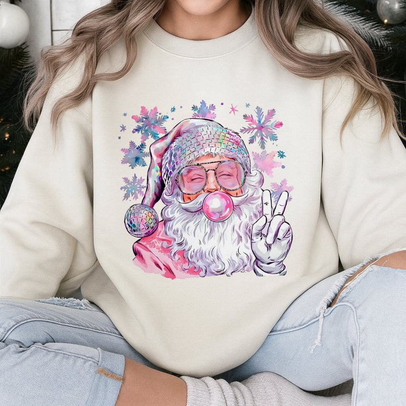 Disco Ball Hat Christmas Sweatshirt, Pink Santa Sweatshirt, Retro Bubble Gum Santa Sweater, Trendy Holiday Crewneck, Present for Teen Girls