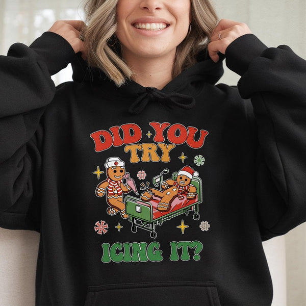 Gingerbread Nurse Christmas Hooded Sweatshirt, Did You Try Icing It Hoodie, Medical ICU RN Holiday Pullover, Humorous Winter 