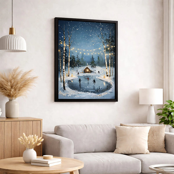 Snowy Cabin Canvas Print, Winter Ice Skating Canvas Art, Comfy Christmas Holiday Wall Decor, Winter Landscape Canvas Wall Art