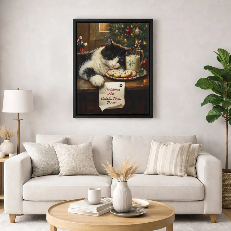 Whimsical Holiday Painting Print, Sleeping Christmas Cat Canvas Art, Festive Winter Pet Wall Decor, Comfy Xmas Kitten Canvas Present