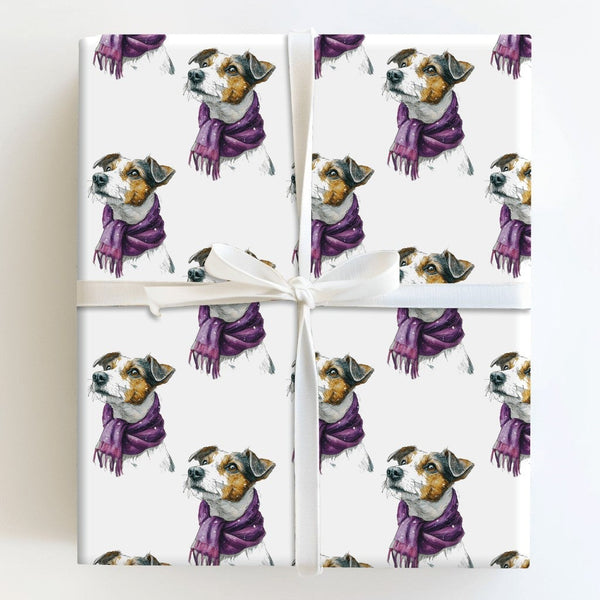 Dog in Scarf Christmas Wrapping Paper, Jack Russell Terrier Wrapping Paper, Adorable Puppy Holiday Wrapping Paper, Gift Wrap 