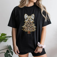 Glitzy Bow Holiday Graphic Tee, Leopard Print Christmas Tree T-Shirt, Leopard Xmas Tree Shirt, Cheetah Print Christmas T-Shirt, Xmas Present