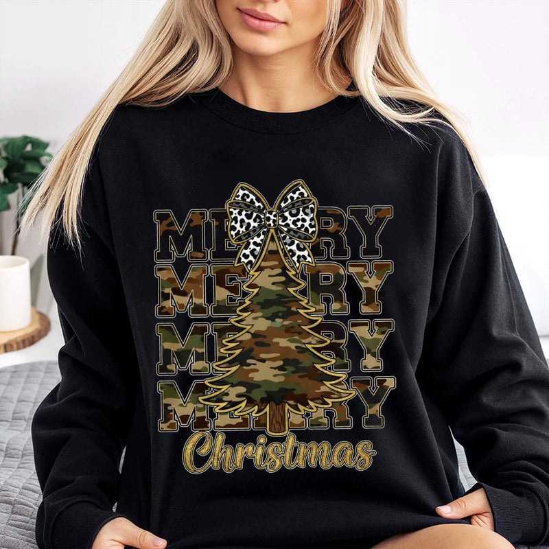 Rustic Leopard Bow Holiday Pullover, Merry Christmas Camo Tree Sweatshirt, Farmhouse Xmas Tree Crewneck, Adorable Winter Season Camo Sweater