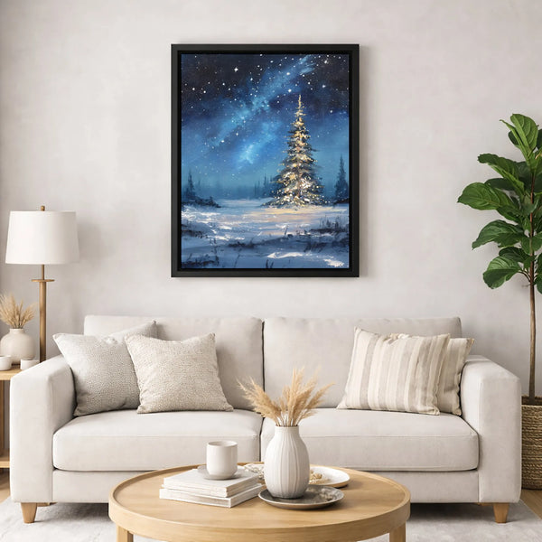 Snowy Night Holiday Canvas Print, Christmas Tree Canvas Wall Art, Winter Landscape Canvas Painting, Festive Seasonal Home Wal
