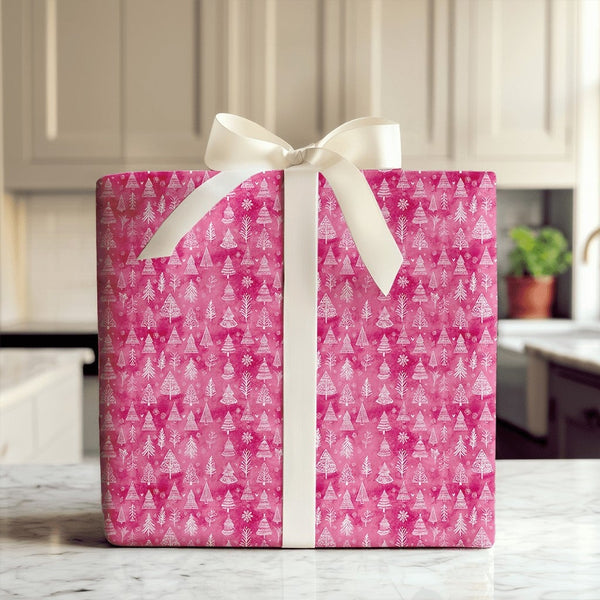 Watercolor Snowflake Holiday Gift Wrap, Pink Christmas Tree Wrapping Paper, Modern Colorful Wrapping Paper, Holiday Wrapping 