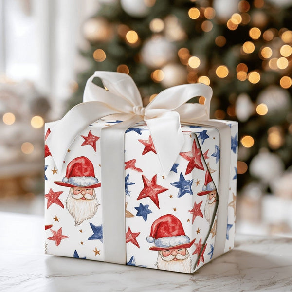 Americana Christmas Gift Wrap, Patriotic Santa Wrapping Paper, Red White Blue Wrapping Paper, Vintage Santa Stars Holiday Gif