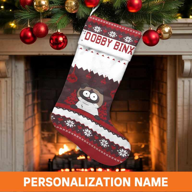 Cartoon Pet Ugly Sweater Stocking, Personalized Cat Christmas Stocking, Adorable Kitten Holiday Stocking, Custom Cat Lover Xmas Present Stocking