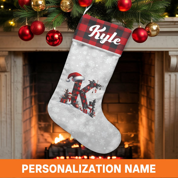 Custom Initial Holiday Stocking, Personalized Snowman Buffalo Plaid Christmas Stocking, Velboa Xmas Stocking, Comfy Winter Ma