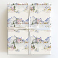 Winter Mountain Village Wrapping Paper, Pink Ski Lodge Wrapping Paper, Watercolor Alpine Holiday Gift Wrap, Christmas Wrapping Paper