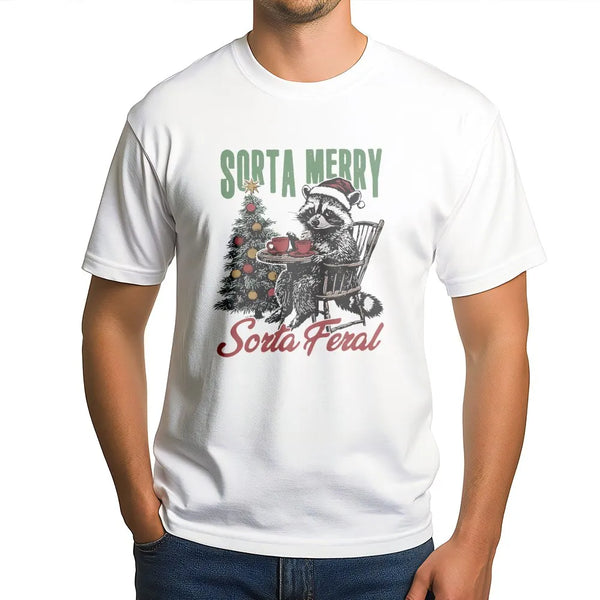 Humorous Christmas Animal Graphic Tee, Sorta Merry Sorta Feral Raccoon T-Shirt, Sarcastic Raccoon Shirt, Holiday Winter Trash
