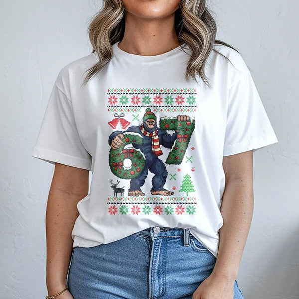 Humorous Sasquatch Ugly Sweater Shirt, Bigfoot 67 Christmas T-Shirt, 67th Birthday Bigfoot Tee, Retro Bigfoot Graphic T-Shirt